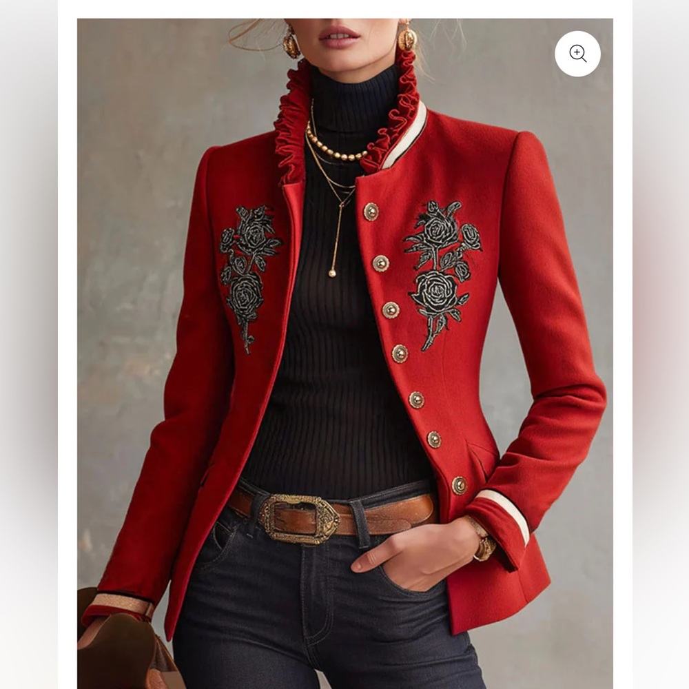 OYROSY Stand Up Collar Rose Embroidered Single Breasted Jacket